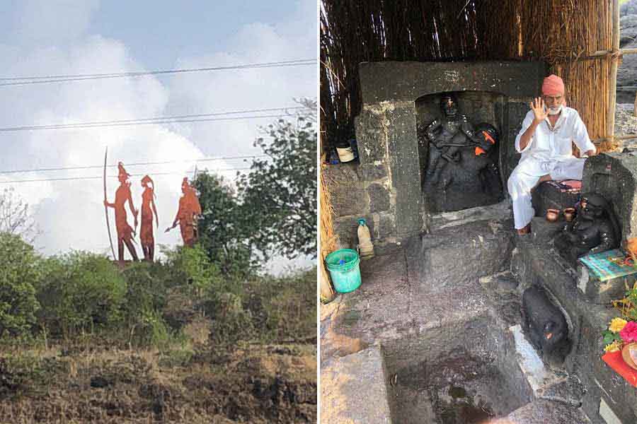 A modern-day installation at Tapovan marks the area where so many episodes of the ‘Ramayan’ is believed to have played out and (right) an ancient idol depicting the spot where Lakshman slashed demoness Surpanakha’s nose