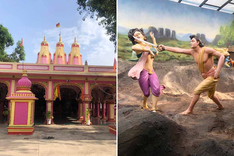 Laxmi Narayan Temple, where devotees converge before stepping out for the sacred ‘snan yatra’ during Kumbh Mela and (right) Lakshman’s slashing of Surpanakha’s nose recreated through figurines at the Shree Lakshmanji Mandir.
