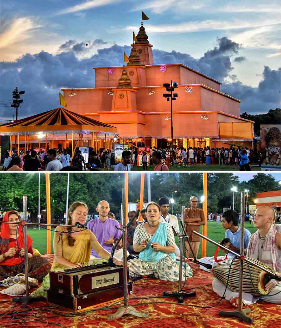 Devotees perform devotional songs at the Iskcon Rath Yatra Festival on the Maidan on Tuesday evening