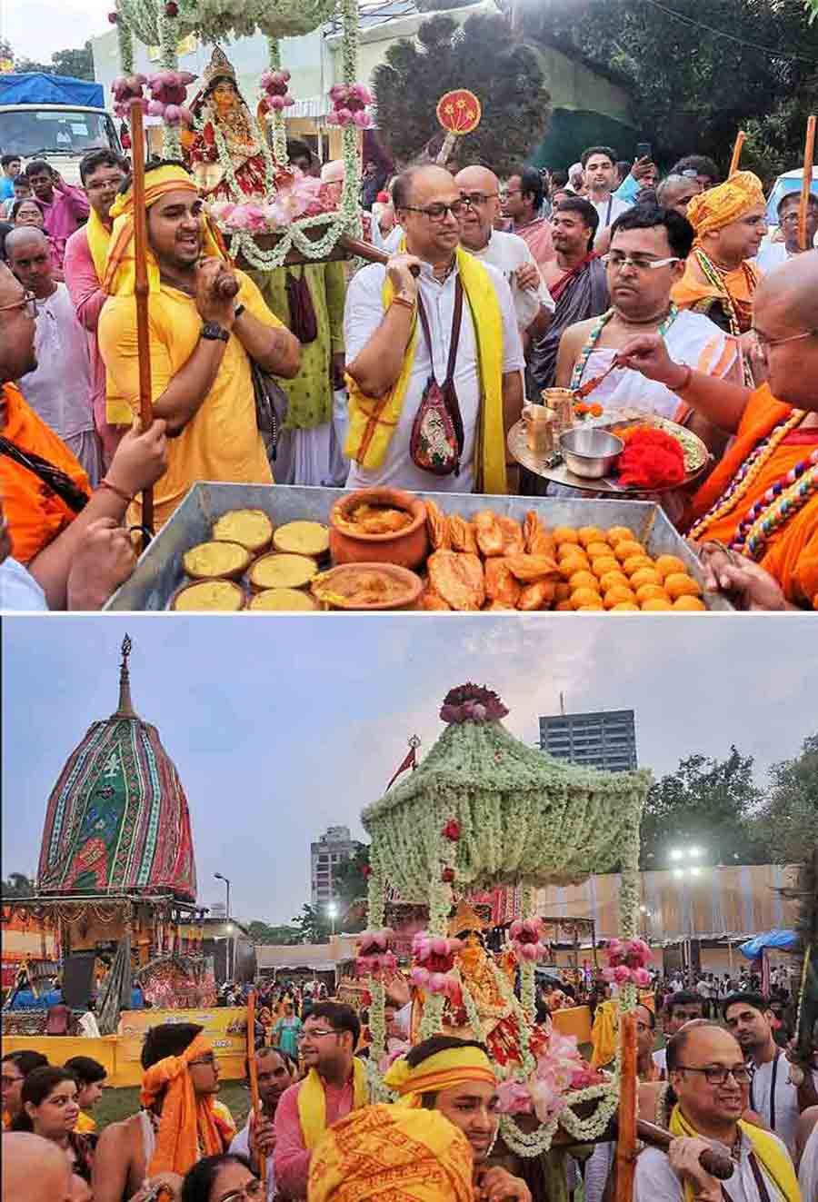 Iskcon monks take Lakshmi Devi on a palanquin to ‘Maasibari’ at the Brigade Parade Ground on Thursday