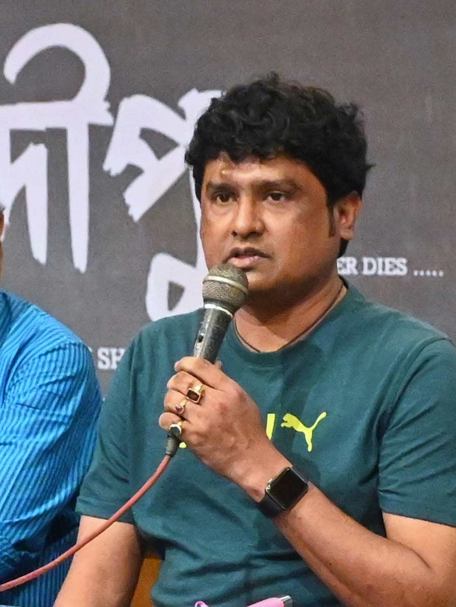 Former footballer Dipendu Biswas speaks at the title announcement of the Bengali film ‘Dipu’ based on his life at Calcutta Sports Journalists Club on Thursday