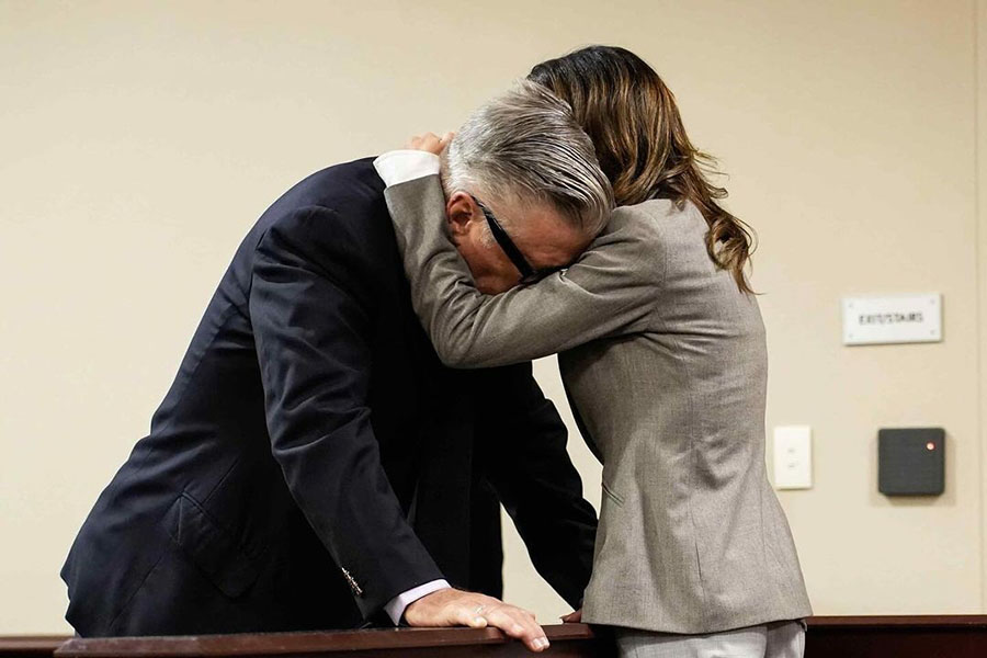 Alec Baldwin was hugged by his wife, Hilaria Baldwin, as he stood trial for involuntary manslaughter. 