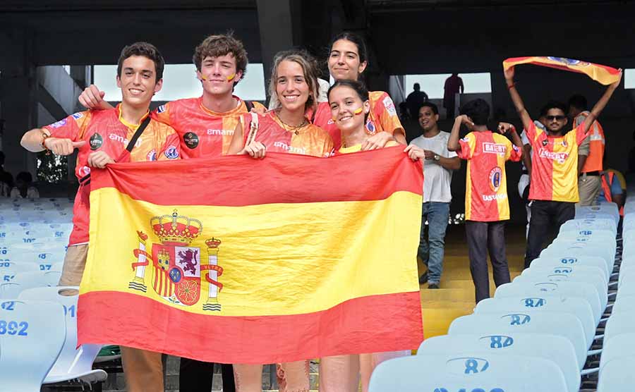These football fans from Spain sporting red and yellow jerseys and carrying a flag found it easy to turn into East Bengal supporters during the East Bengal versus Mohun Bagan derby at Salt Lake Stadium on Saturday