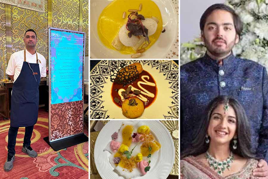 Some of the dishes served by (left) chef Avinash Martins at the main wedding function on July 12 at NMACC