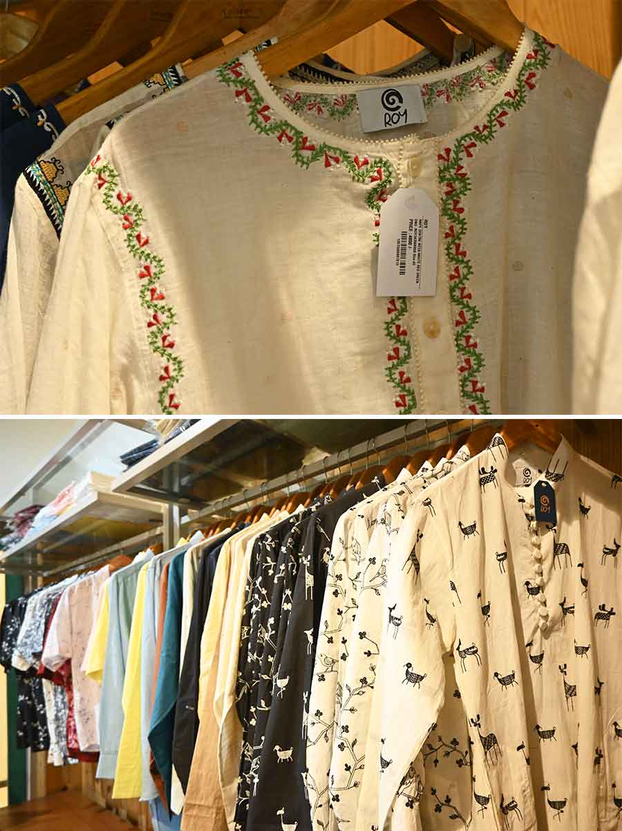 ‘There are Bangla shirts too. The kurtas have detailing on the collars. The prints are organic, the fabrics are cotton and muslin,’ said Abhisek. While the current line is the summer-monsoon and festive launch, the fashion pundit is also brewing a winter edit. The ‘sabudana’ detailing, the floral or bird motif make ‘Roy’ an Abhisek Roy exclusive