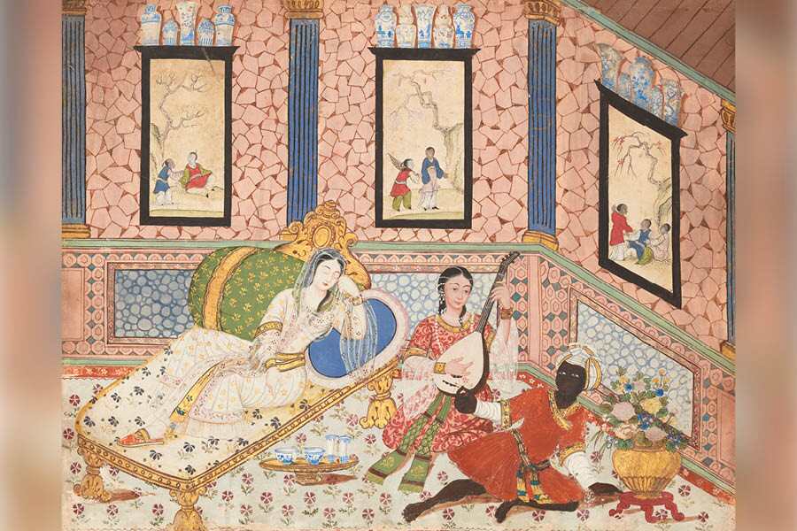 A woman resting on her divan listening to a musician playing the lute – Surat, Gujarat, circa 1740 – from The Archer Collection
