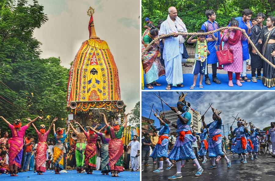 Passers-by took turns in pulling the Iskcon chariot on Ulta Rath as it made its way from from the Maidan Rath Yatra Festival to its permanent address near Minto Park on Monday