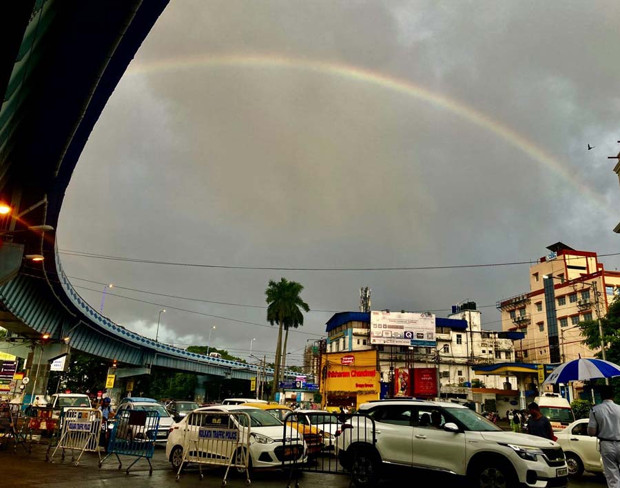A rainbow was spotted in the city skyline near Park Circus on Monday evening