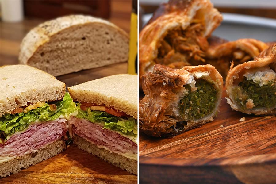 L-R: Smoked ham and cheese sandwich, and koraishutir-kochuri filling-stuffed puff pastries