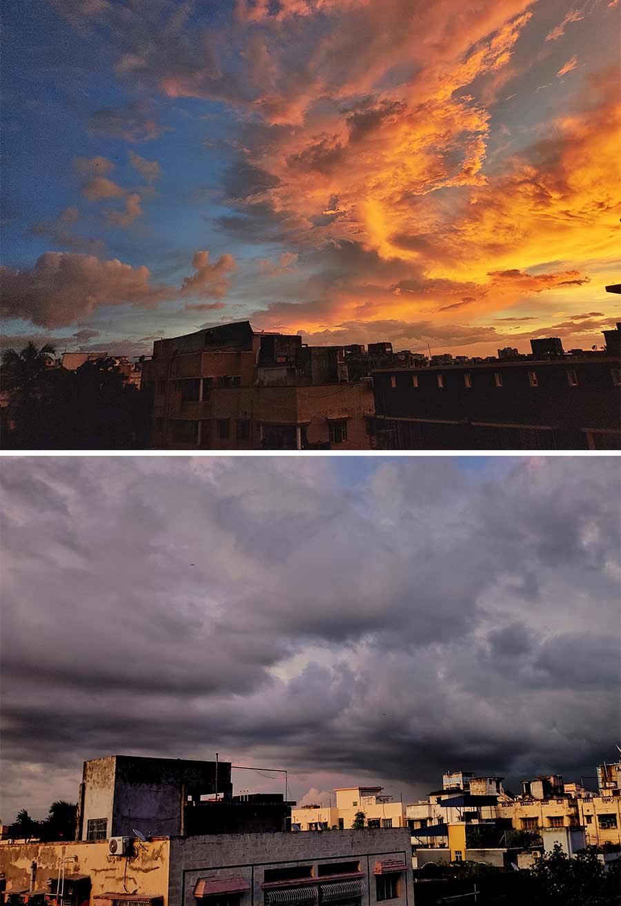 Wednesday was mostly cloudy for the city with the sun playing hide and seek. Two different hues of the sky were snapped during sunset. Some parts of Kolkata received rainfall towards the evening