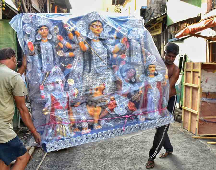 A Moscow-bound consignment containing a fibre-glass Durga idol at Kumartuli on Saturday