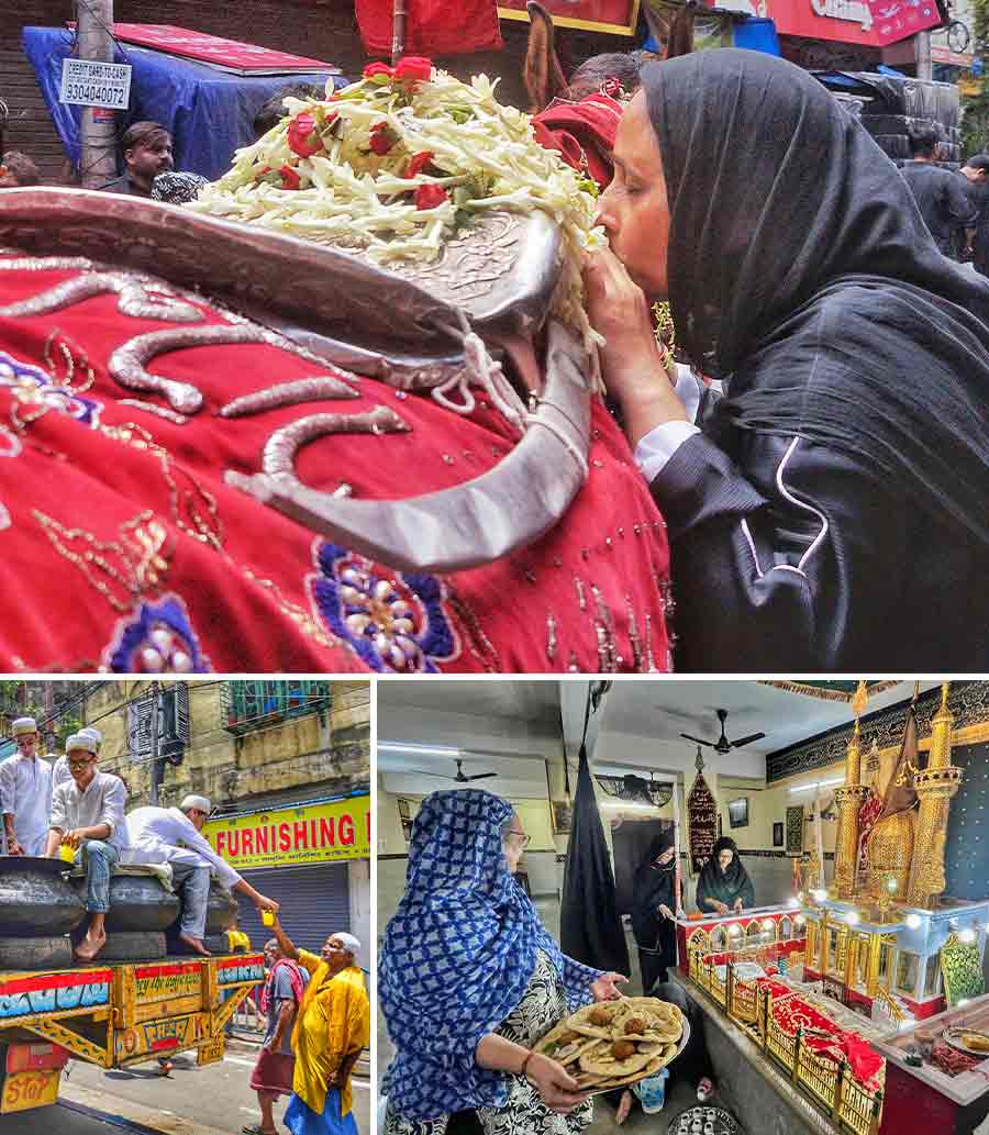 A Muharram procession at Rabindra Sarani on Wednesday morning. (Bottom right) A woman stands in front of a century-old Hussain-e-Begam imambargah near Ripon Street on Wednesday  