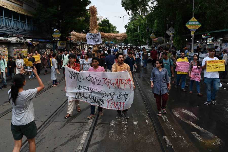A rally by Presidency University students on College Street on Monday evening to express solidarity with the protesting students in Bangladesh.