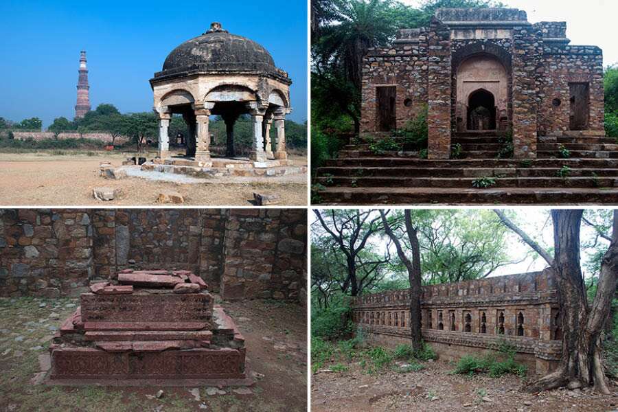 (Clockwise from top left) The Qutub Minar tower above a ‘chhatri’, Metcalfe’s boat house, an ornate wall and tomb of Balban’s son