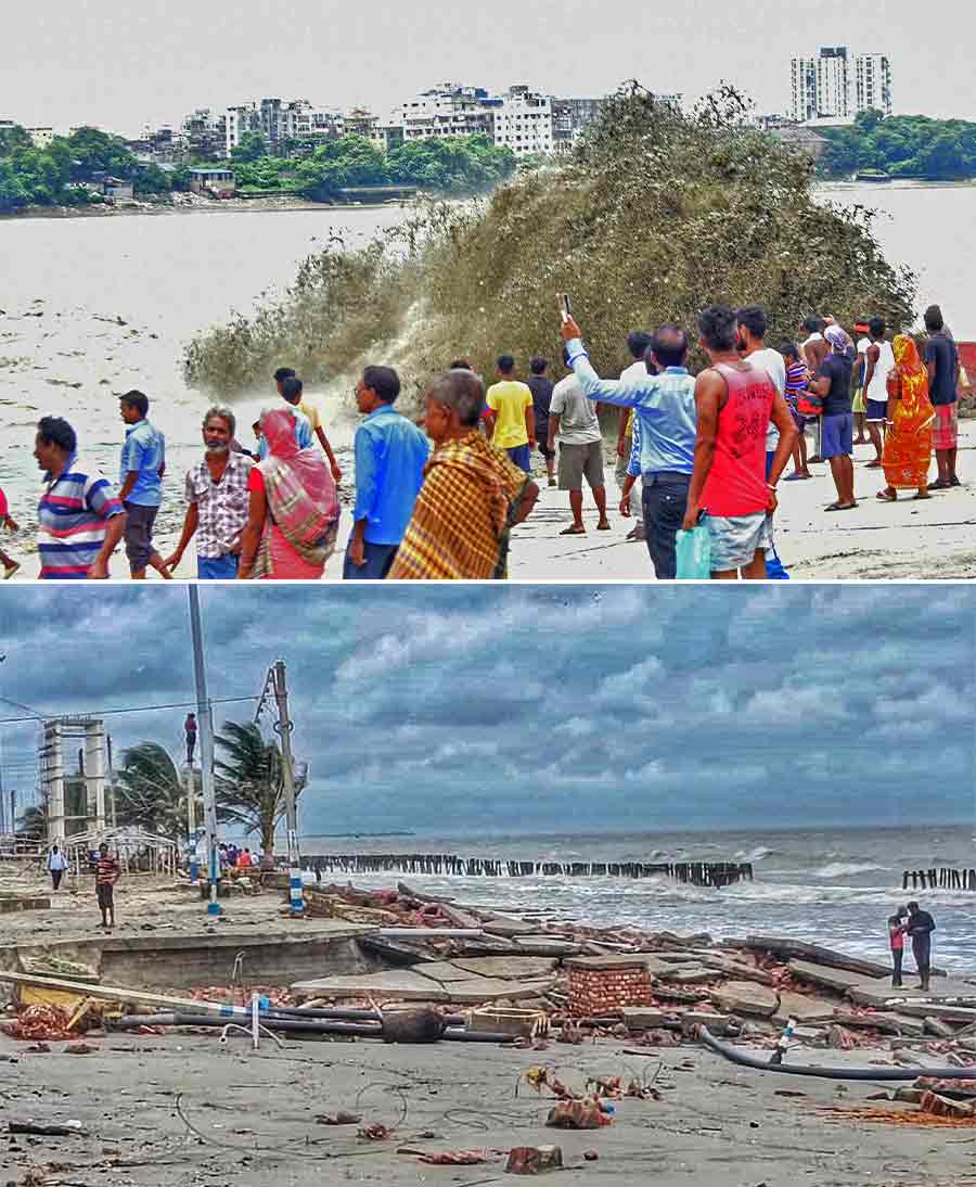 (Top) People at Nimtala Ghat  watch breaking of waves during high tide in the Hooghly. The sea shore at Ganganagar was washed away in full high tide on Wednesday (bottom)