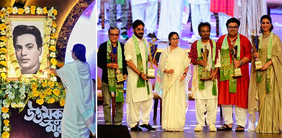 Chief minister Mamata Banerjee pays floral tributes to Uttam Kumar’s photograph and hands over the Mahanayak Award to Nachiketa, and Uttam Kumar Award to Prosenjit Chatterjee, Ambarish Bhattacharya, Subhasis Mukhopadhyay and Rukmini Maitra at Dhana Dhanye auditorium in Alipore on Wednesday