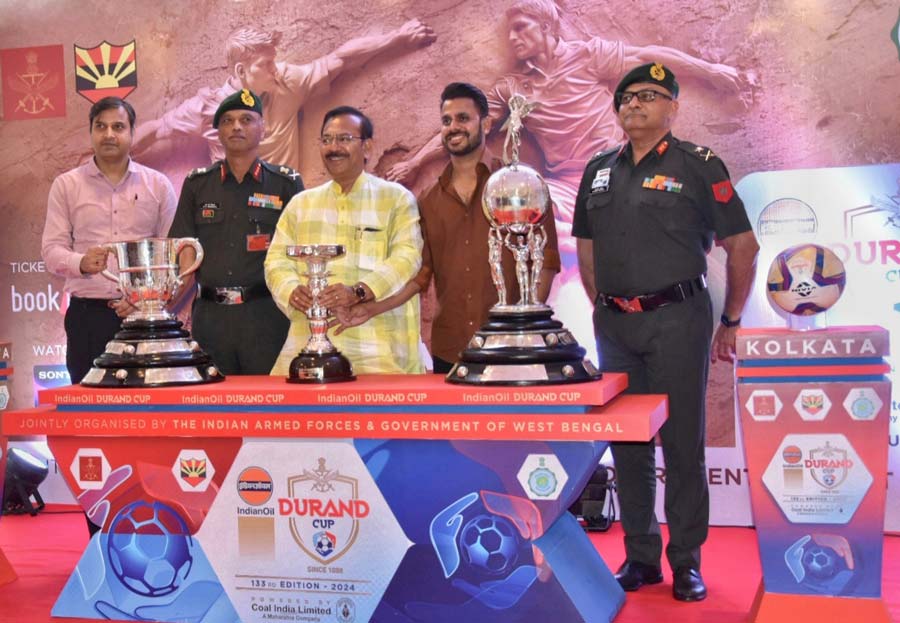 Sports minister Aroop Biswas and Lt-General RC Shrikanth, chief of staff, HQ Eastern Command, announce the 133rd Durand Cup 2024 at a news meet at Fort William