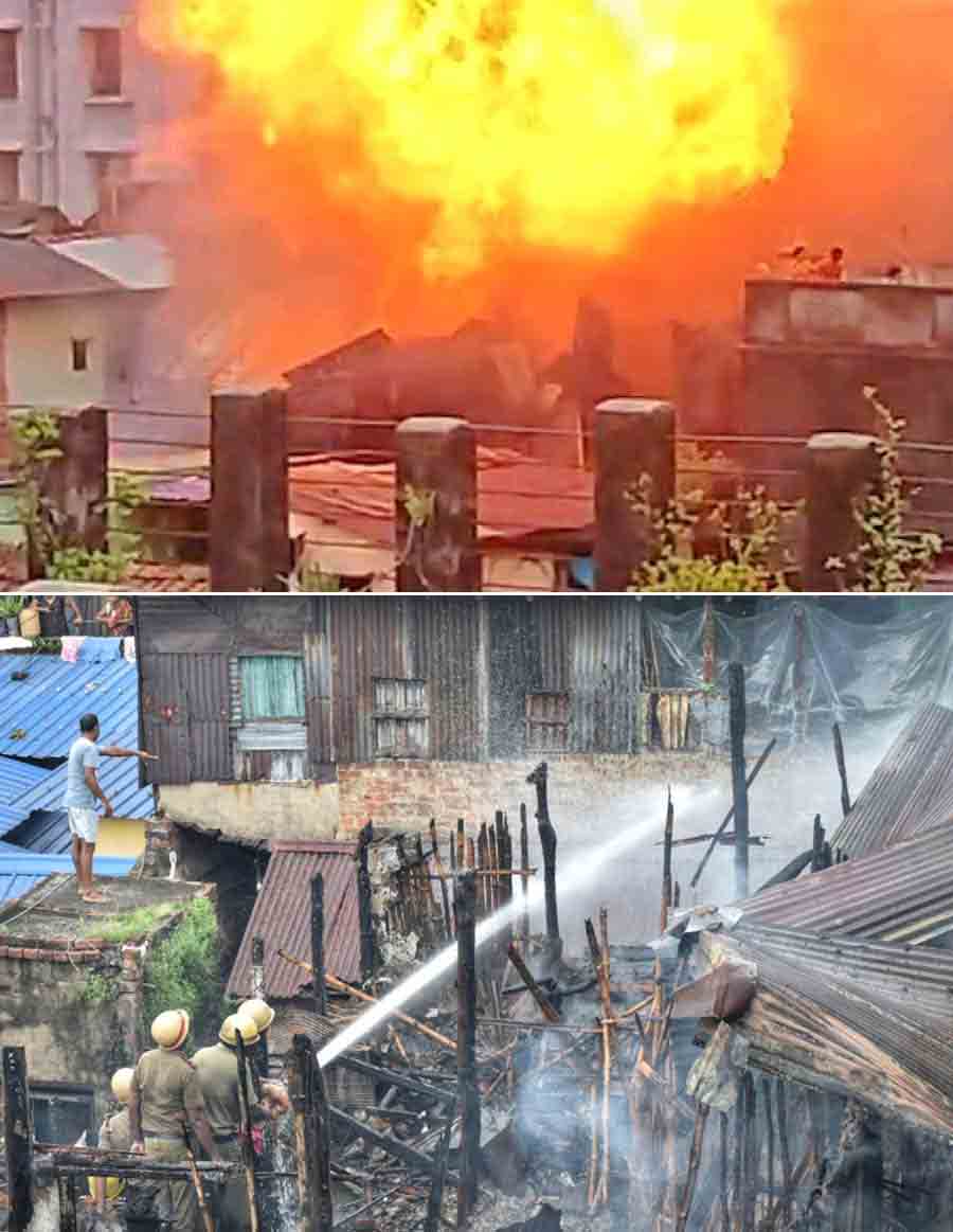 Fire-fighters battle a blaze at Ramdulal Sarkar Street near Chhatubabu Latubabu Bazar in north Kolkata on Friday morning