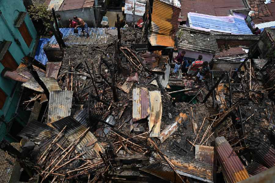 The gutted first floor of the building on Ramdulal Sarkar Street, in the Girish Park area of north Calcutta, on Friday.