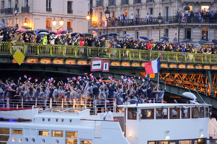 Team France during the opening ceremony of the 2024 Paris Summer Olympics along the Seine in Paris, on Friday, July 26, 2024. 