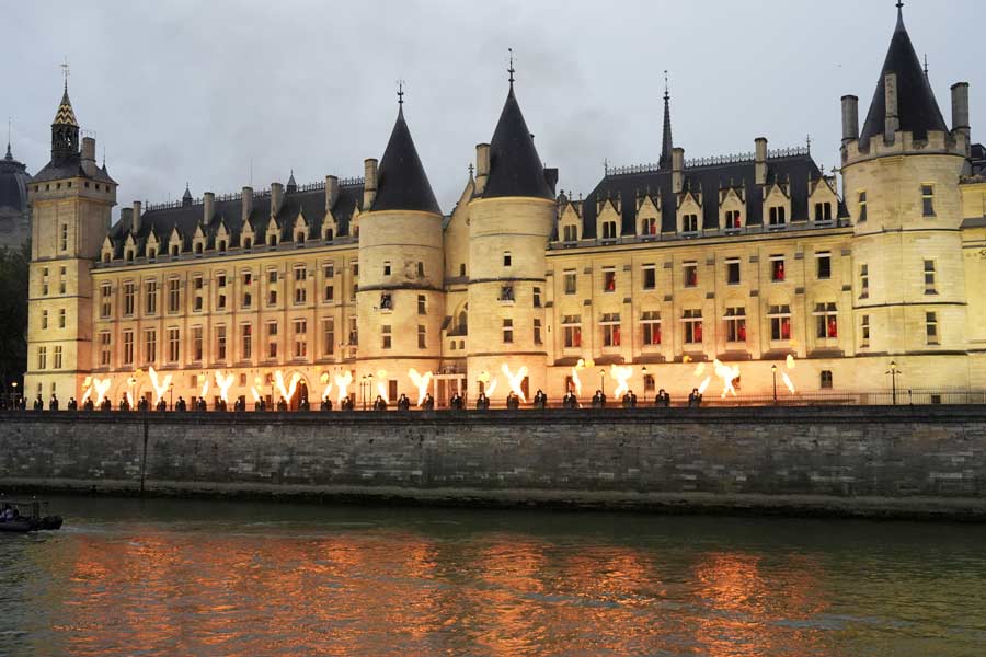 Pyrotechnics as Gojira, a leading band in France’s heavy metal scene, performs during the opening ceremony of the 2024 Paris Summer Olympics along the Seine in Paris, on Friday, July 26, 2024. 