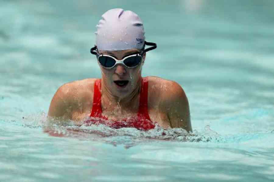 Jenna Fryer of The Associated Press swims wearing a Speedo Fastskin LZR Pure Valor 2.0 that will be used by many swimmers at the 2024 Summer Olympics. Speedo allowed journalists to try what it claims is “the world’s fastest swimsuit”