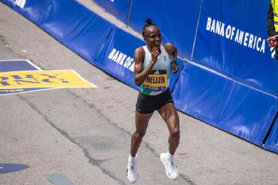File picture of Hellen Obiri taking first place in the women’s Boston Marathon on April 15 wearing On’s LightSpray trainers