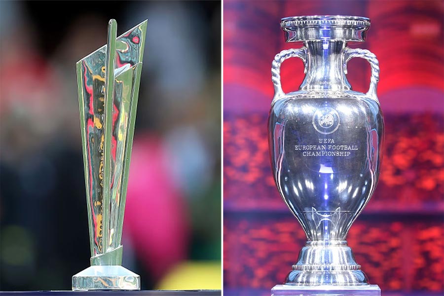 The 2024 ICC T20 World Cup trophy and the UEFA Euro cup trophy. Despite a strong resource pool and domestic set-up, neither has England managed to win a single UEFA Euro cup or World Cup since 1966, nor has India won a T20 World Cup after the start of the IPL despite five attempts