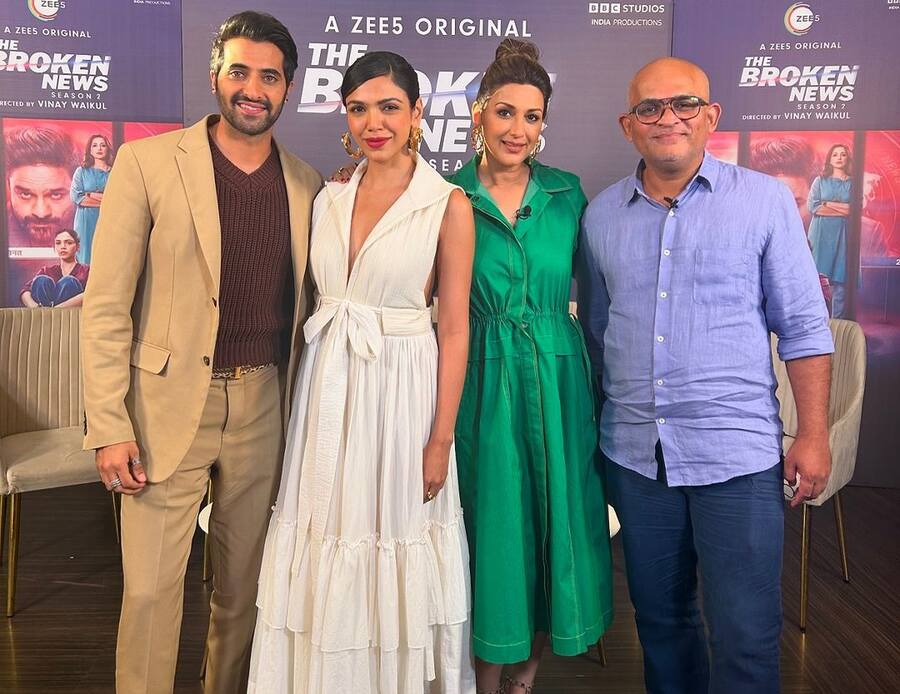 Sporting textured A-line shirt dresses, Sonali and Shriya posed with the series director, Vinay Waikul.