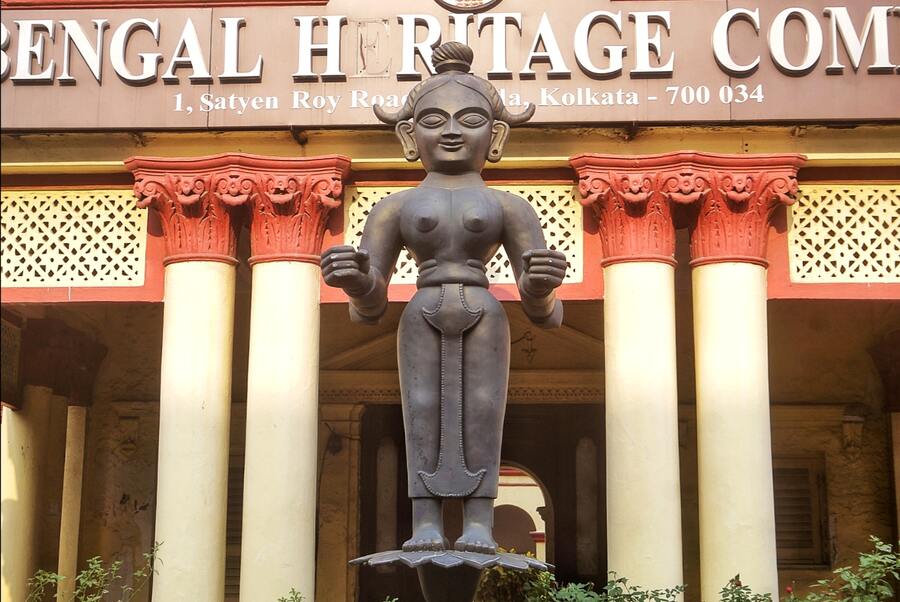 The showstopper (in picture) just as you enter the heritage complex from the main road. On the walk upstairs to the first floor, the walls are decorated with collages displaying Bengal Sultan coins, terracotta panels and more. Several large-sized sculptures greet visitors. The first exhibit hall on this floor is filled with sculptures of various deities. Vishnu, Surya, Ganga, Yamuna, Chamunda, Agni, Ganesha across different centuries, from 9th century onwards all the way up to the 19th century show how the craft changed over time and so did the medium of art. The oldest display here is that of terracotta figures tracing back to the 1st century