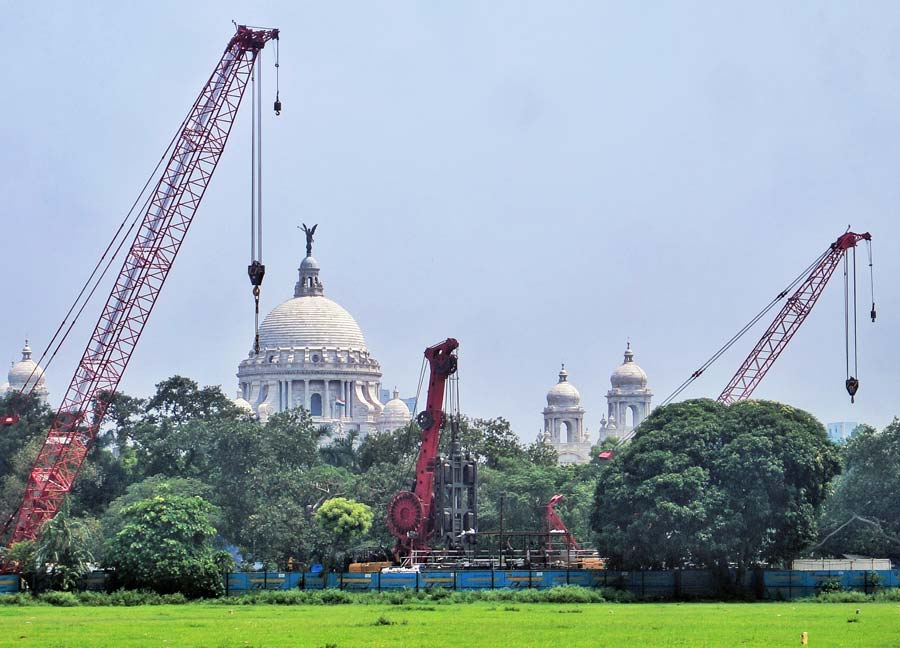 Construction underway for Victoria Memorial Metro station of Purple Line (Joka to Taratala) at Maidan on Tuesday  