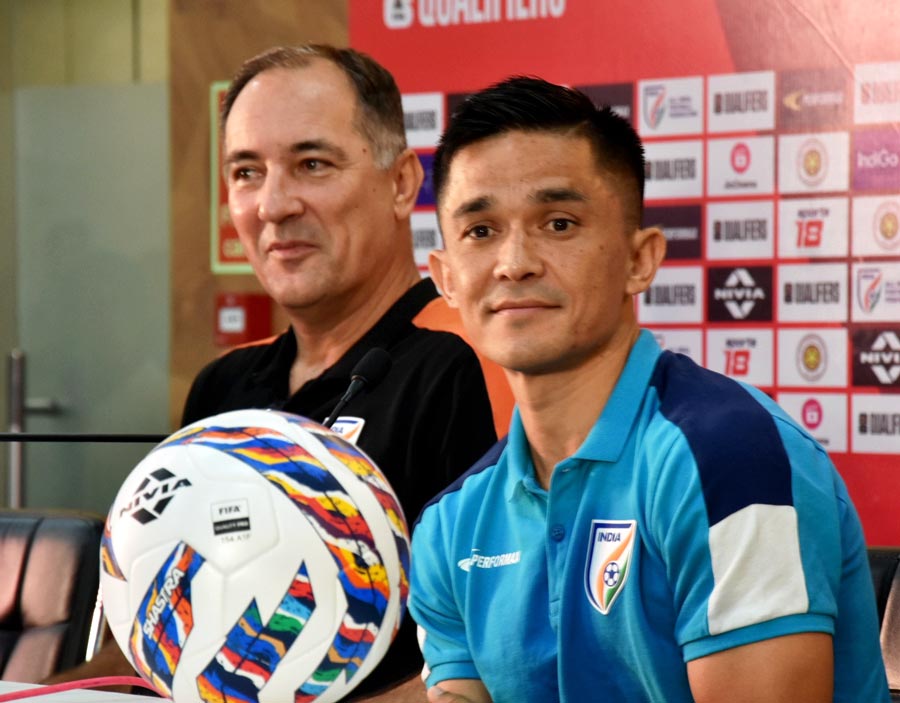 Indian football team coach and captain Igor Stomac and Sunil Chhetri attended a pre-match press conference before the FIFA World Cup 2026 & AFC Asian Cup 2027 Preliminary Joint Qualification Round 2 between India & Kuwait, at Salt Lake stadium  