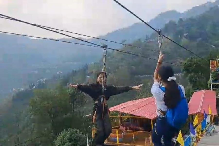  Students of Mahadevi Birla World Academy enjoy ziplining in Mussoorie. 