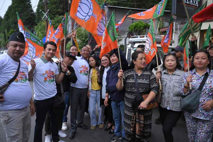 BJP supporters celebrate the victory of Darjeeling candidate Raju Bista on Tuesday