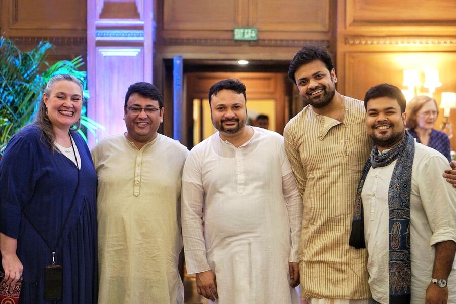 Among the guests (L-R) Melinda Pavek, the US Consul General, made an appearance as she posed with Chirabrata Majumder of Rotary Calcutta Centenary, musicians Sourendro Mullick and Soumyojit Das, and Sukrit Sen of the Living Waters Museum. ‘The hospitality of our Italian friends is always the one to beat. The food is wonderful and so is the wine. They are so friendly, loving and caring. Riccardo is a delightful human being and it is an honour to serve with them in Kolkata,’ she said. 