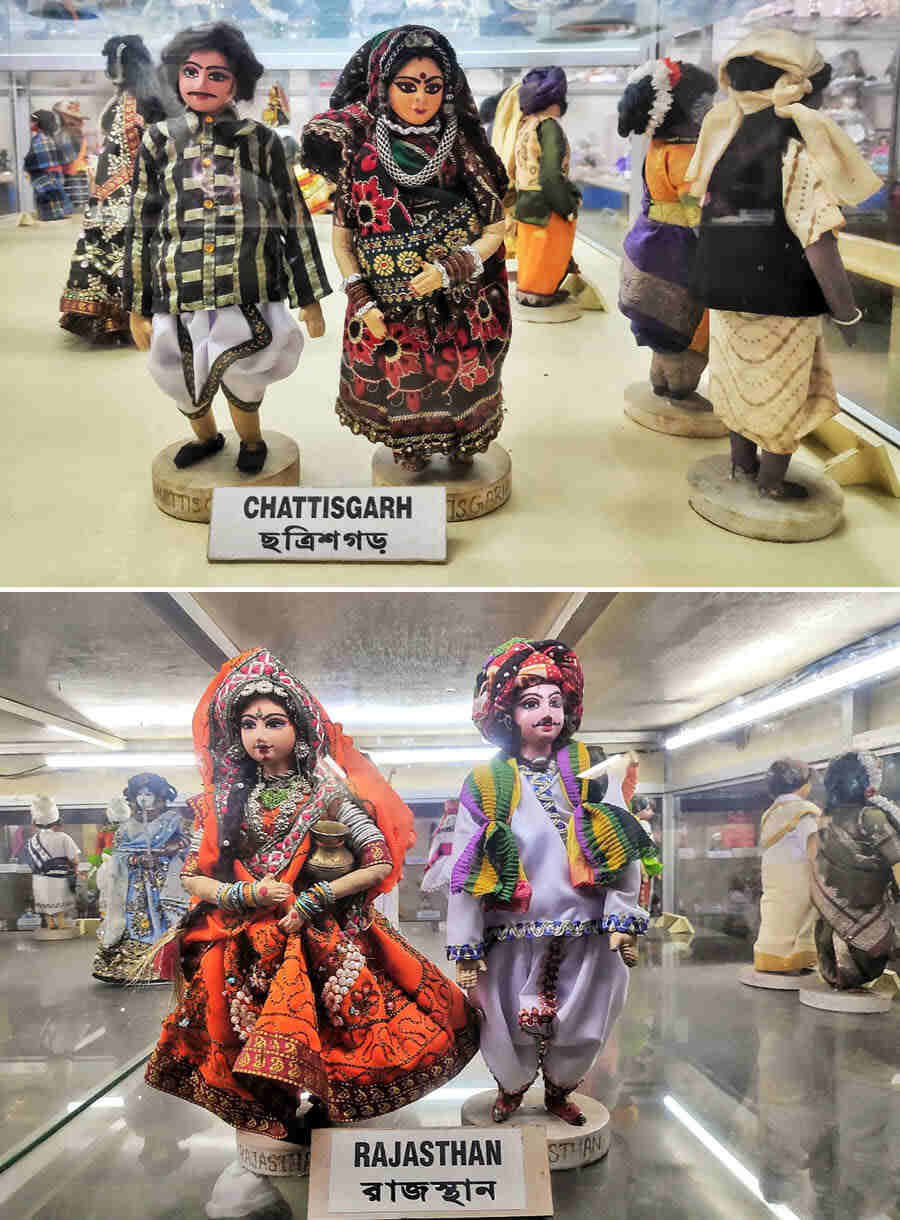 One of the collections has dolls — a male and female duo — in the traditional attire of various Indian states. Dressed in vibrant saris and ghagras and pleated dhotis, the detailing on the dolls includes intricate beadwork, stitching with exquisite patterns, beadwork, mirror work and tie-dye designs that reflect the rich textile heritage of the various regions