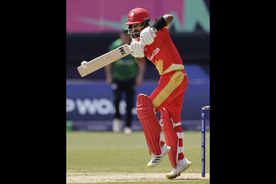 Canada's Shreyas Movva plays a shot against Ireland. during their T20 World Cup match at the Nassau County International stadium in New York on Friday." Batting first, Canada made 137/7 in 20 overs and then, beat Ireland (125/7 in 20 overs) by 12 runs.