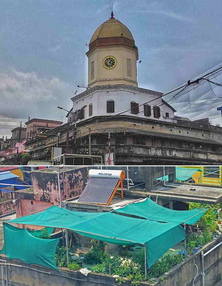 (Top) No sign of rain in the sky over Maniktala on Saturday afternoon and (above) the oppressive heat in Kolkata has forced many plant lovers to cover their terraces with green UV screens