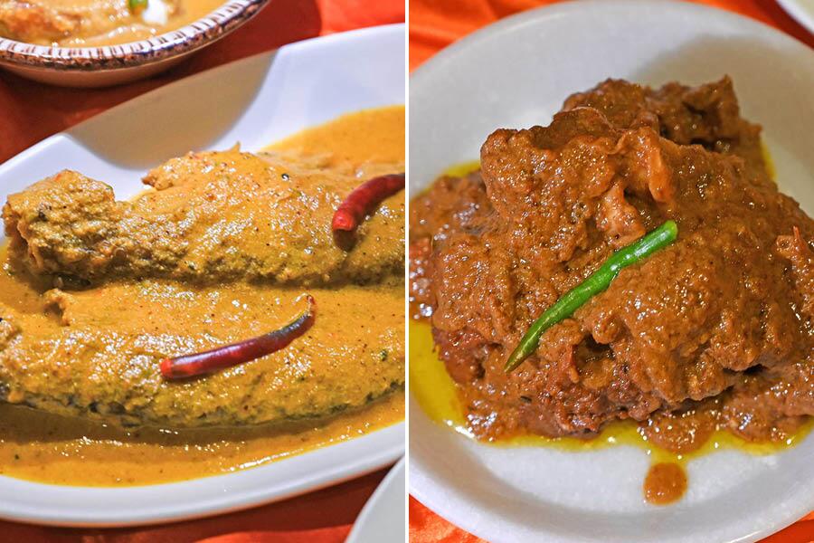 (L to R) The Pabda Tomato Jhal and the Kosha Mangsho will make you take a second helping for sure