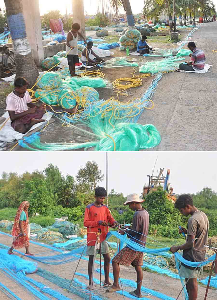 Nets for hilsa fishing in the sea is being weaved at the Kakdwip Fishing Harbour in South 24 Parganas  