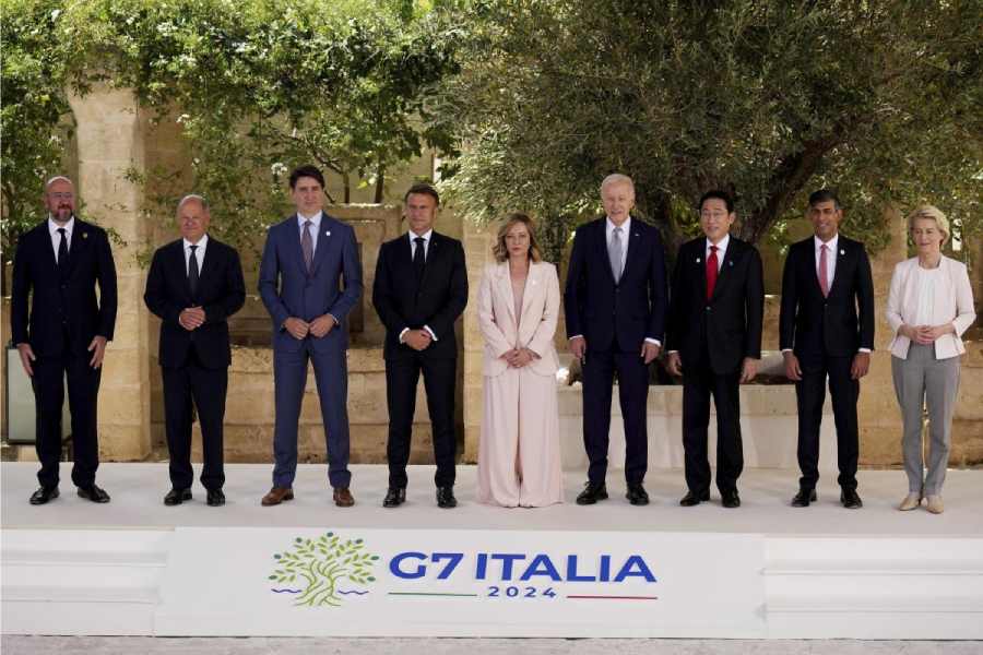 From left; European Council President Charles Michel, German Chancellor Olaf Scholz, Canada's Prime Minister Justin Trudeau, French president Emmanuel Macron, Italian Premier Giorgia Meloni, U.S. President Joe Biden, Japan's Prime Minister Fumio Kishida, British Prime Minister Rishi Sunak and European Commission President Ursula von der Leyen pose for a family photo at a G7 world leaders summit at Borgo Egnazia, southern Italy, Thursday, June 13, 2024.