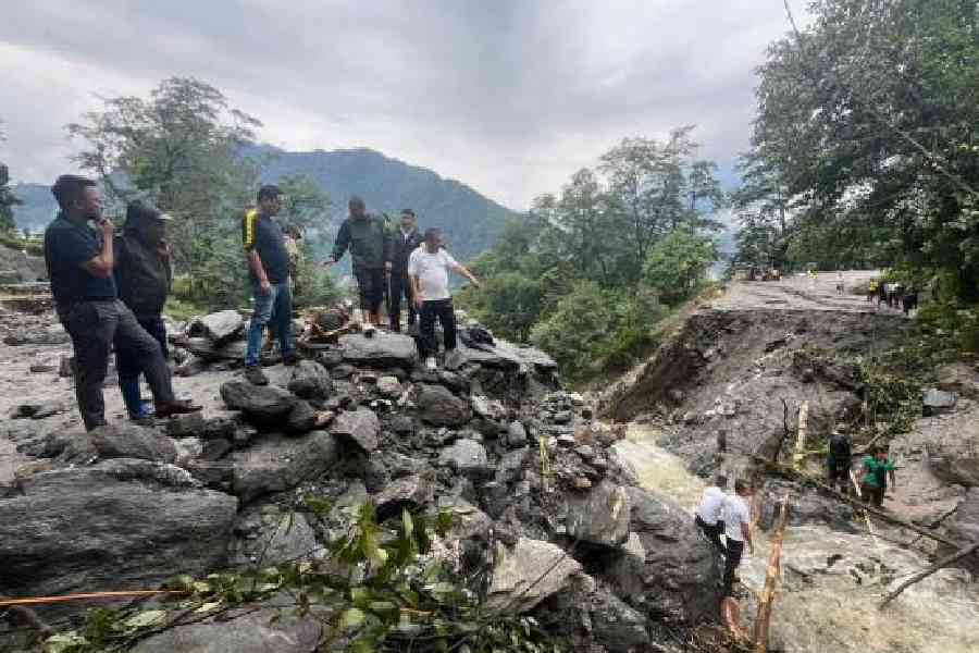A road damaged by heavy rain in Mangan district at Sikkim on Thursday