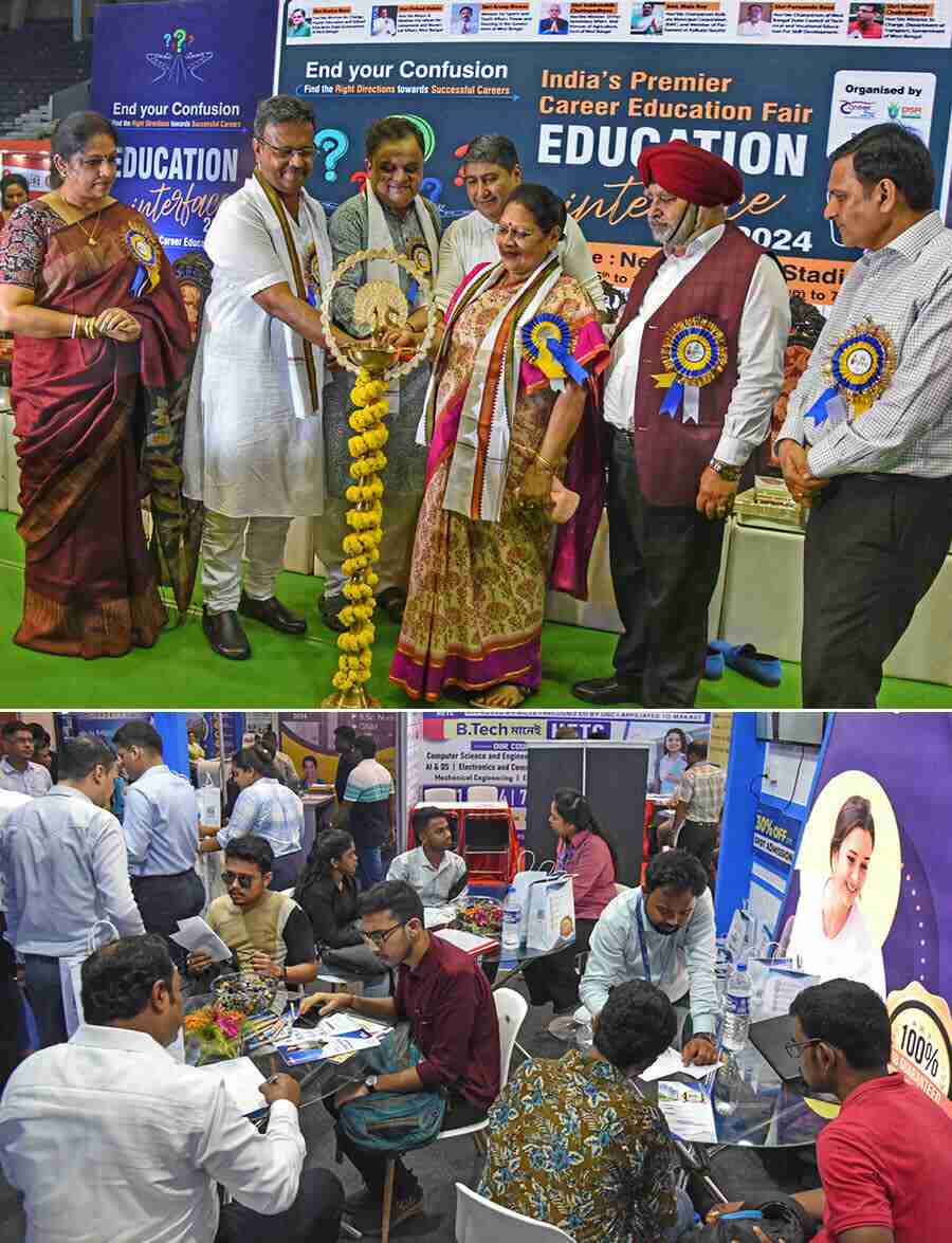 (Top) State education minister Bratya Basu, mayor Firhad Hakim, MPs Mala Roy, Taranjit Singh and other dignitaries inaugurated ‘Education Interface 2024’, India’s premier career education fair, at Netaji Indoor Stadium on Saturday and (above) aspirants take part in a counselling session at a stall  