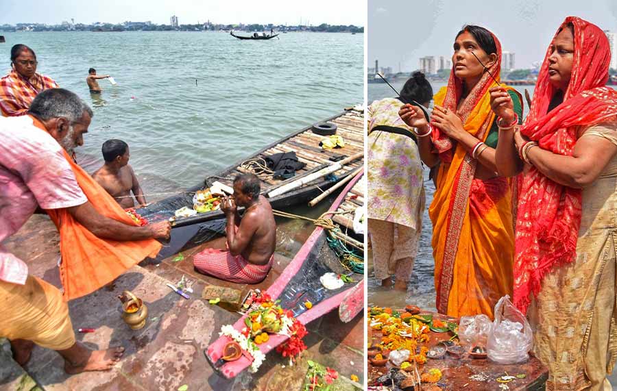 Ganga Puja was performed on the banks of river Hooghly at Bagbazar Ghat and Babu Ghat on Sunday. Several devotees were seen offering prayers in the morning  