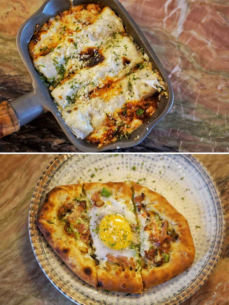 Chicken wrapped in pasta topped with cheese — the (top) Chicken Cannelloni made for an experience even the Italians would be proud of. The Georgian way of making a cheese garlic bread came in the form of the (bottom) Khachapuri offering a burst of flavours loaded with bacon and cheese, topped with a poached egg — the perfect dip! Tasting like breakfast in a bite, the Khachapuri can be customised to your taste with your choice of toppings, a must-try along with your coffee