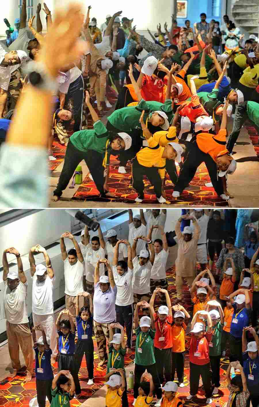 CISF officials and schoolchildren perform yoga at Indian Museum