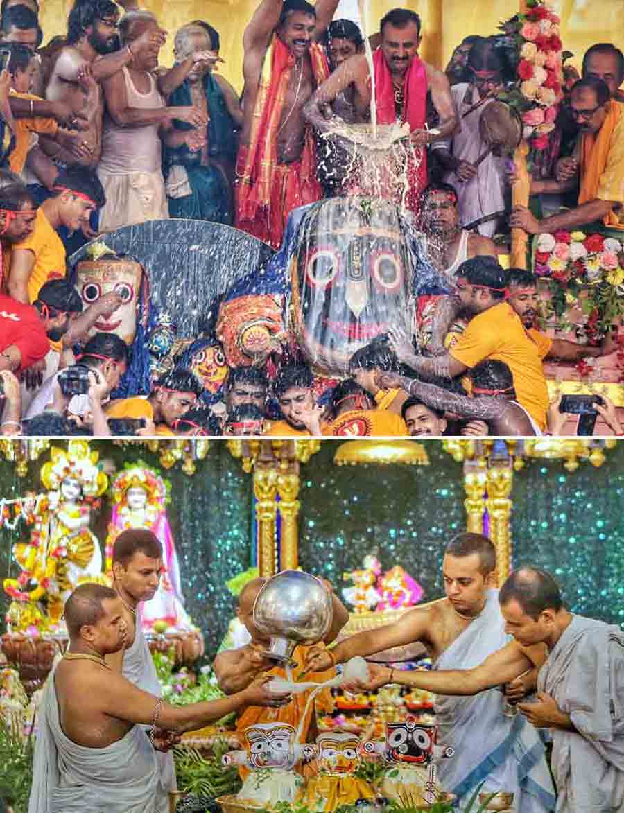 The ‘snan yatra’ (bathing) ritual of Lord Jagannath and his siblings were conducted at (top) Sreerampur’s Mahesh and (above) at the ISKCON temple on Gurusaday Road in Ballygunge on Saturday. The auspicious festival is observed on Purnima
