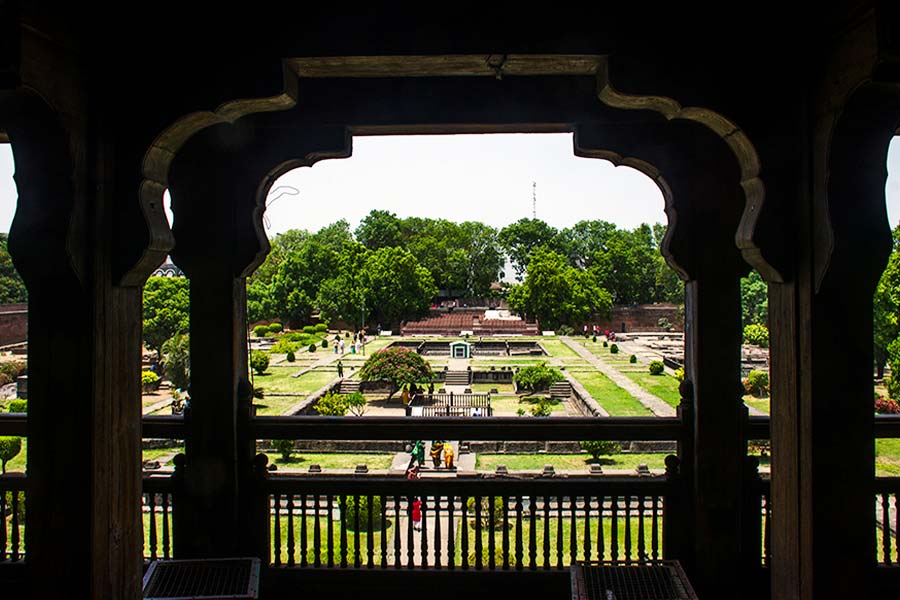 Interiors of Shaniwar Wada with the wooden arches of Delhi Gate.