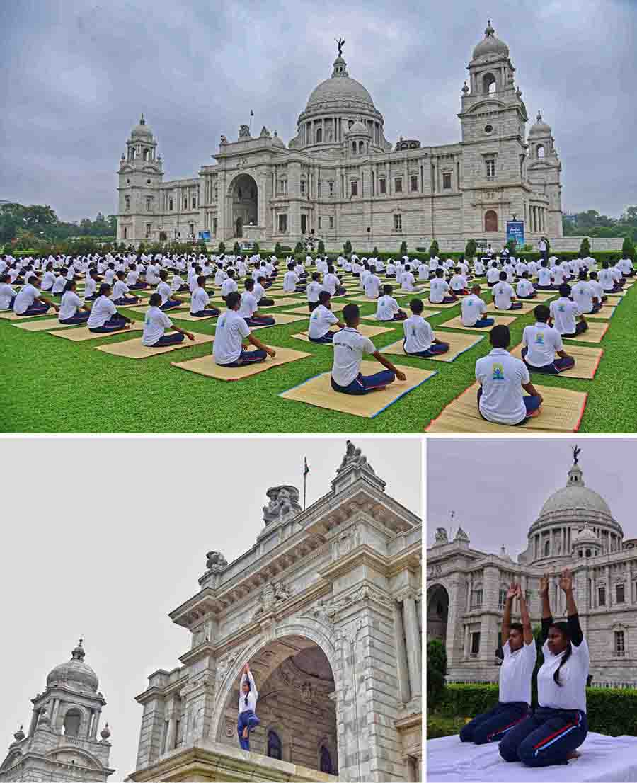 National Cadet Corps members perform yoga at Victoria Memorial Hall grounds on Friday morning on the occasion of International Yoga Day  