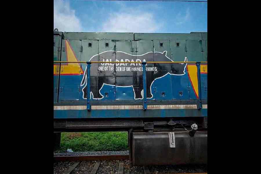The side of the diesel loco that features the silhouette of a one-horn rhino and mentions Jaldapara as the 'den' of the species.